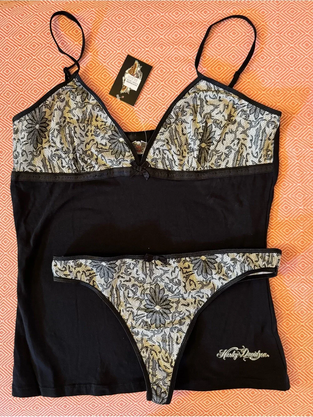 Harley-Davidson Black and cream Lace print, black Trim Bralette &  thong Set. - Picture 3 of 8